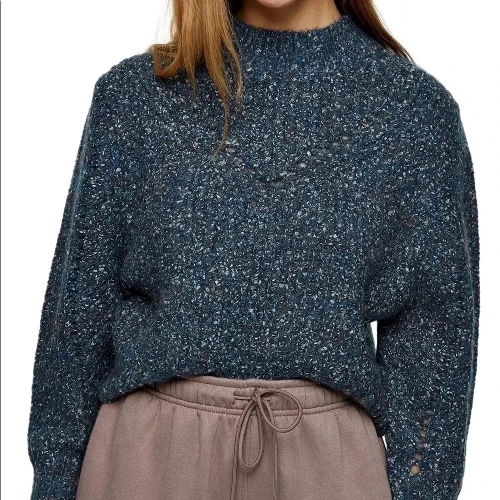 TopShop Neppy Pointelle Mockneck Sweater Top Blue